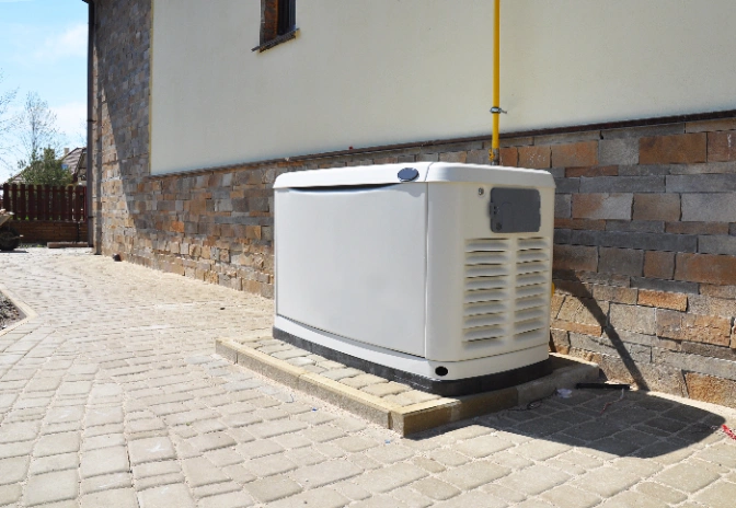 A picture of a generator next to a building