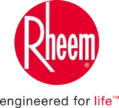 Rheem logo featuring the word "Rheem" in white letters on a red oval background.