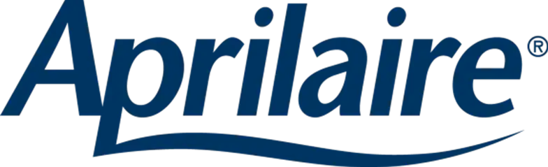 Aprilaire logo in blue text with a curved underline beneath the last four letters on a light background.