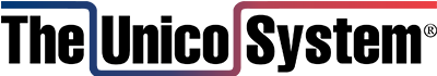 The Unico System logo with bold black text and a rectangular border featuring blue on the left and red on the right.