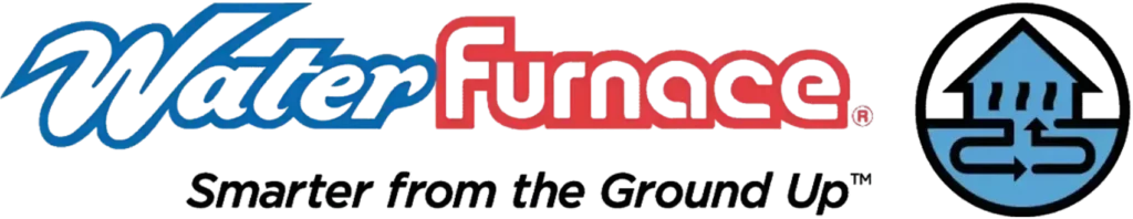 WaterFurnace logo, tagline "Smarter from the Ground Up," and a circular icon with an arrow and pipes inside a house.