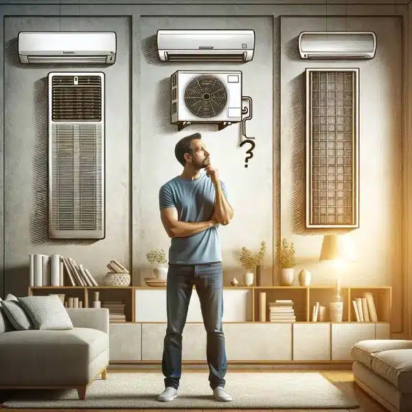 a man looking thoughtfully up at different types of air conditioners